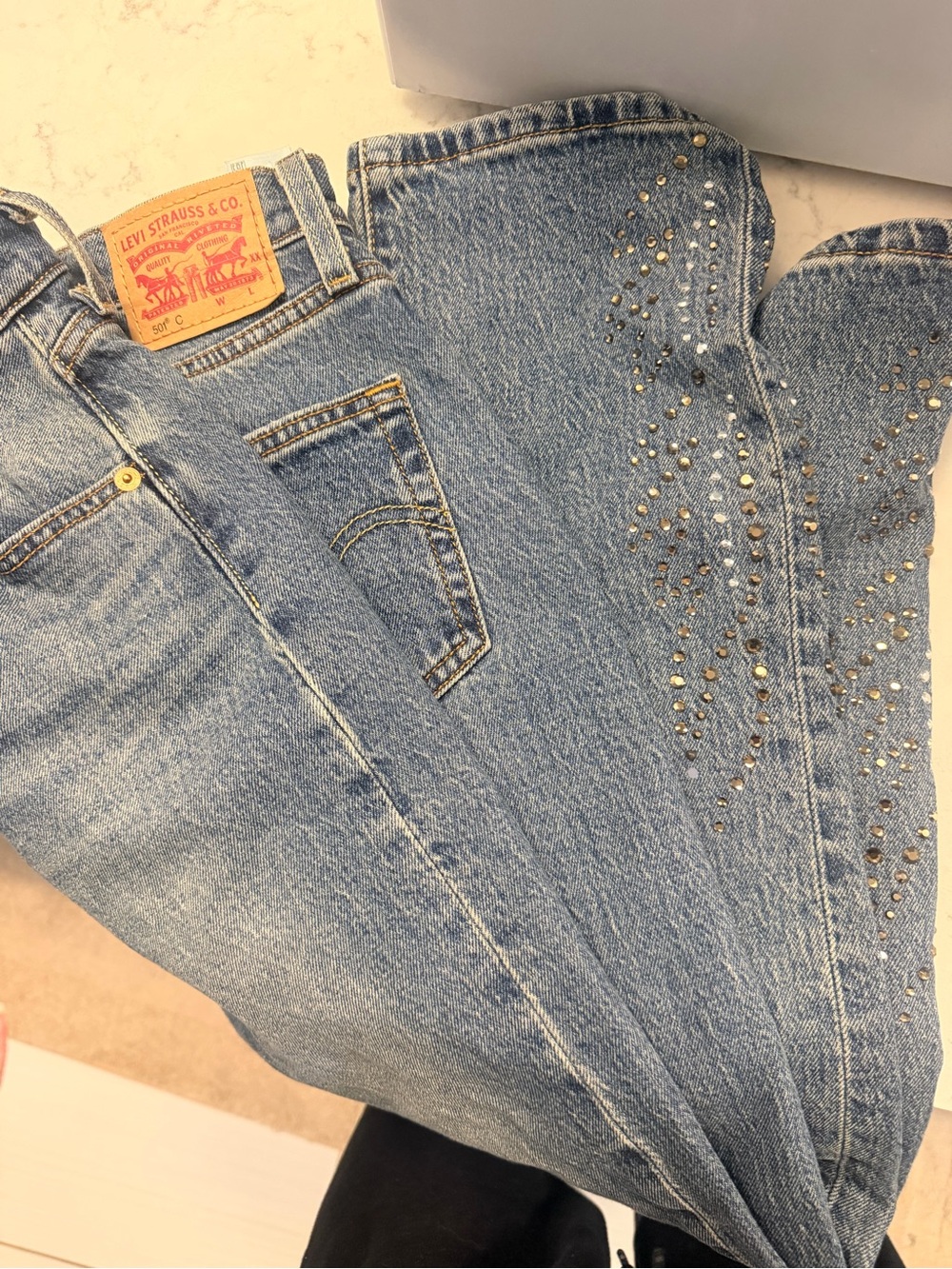 Levi's 501 curve Women's Light Blue Studded Straight-Leg Jeans size 23